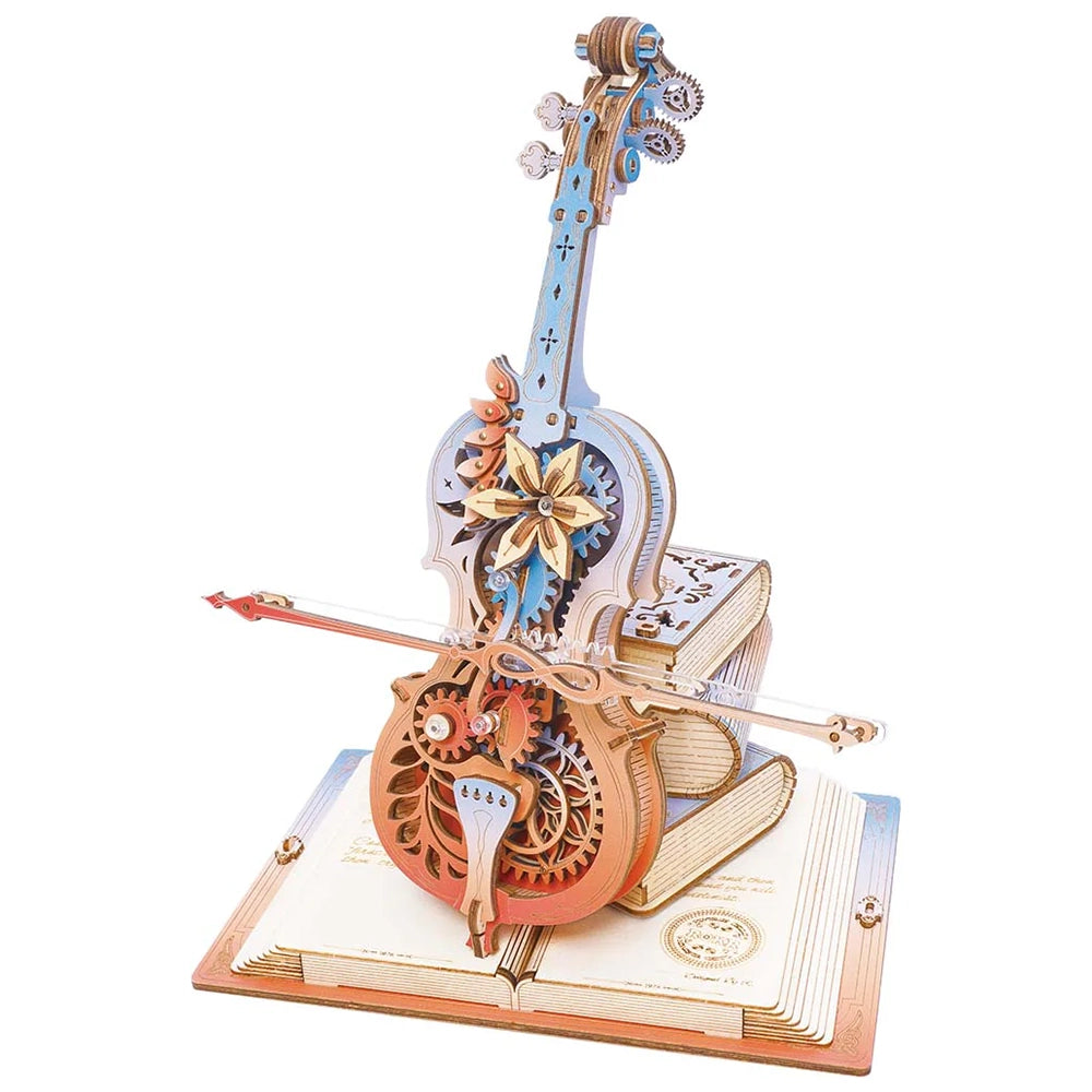 Produktfoto der Robotime Magic Cello - Symphony of Gorgeous Dreams, Holzbausatz einer Spieluhr in Form eines beweglichen, farbigen Cellos