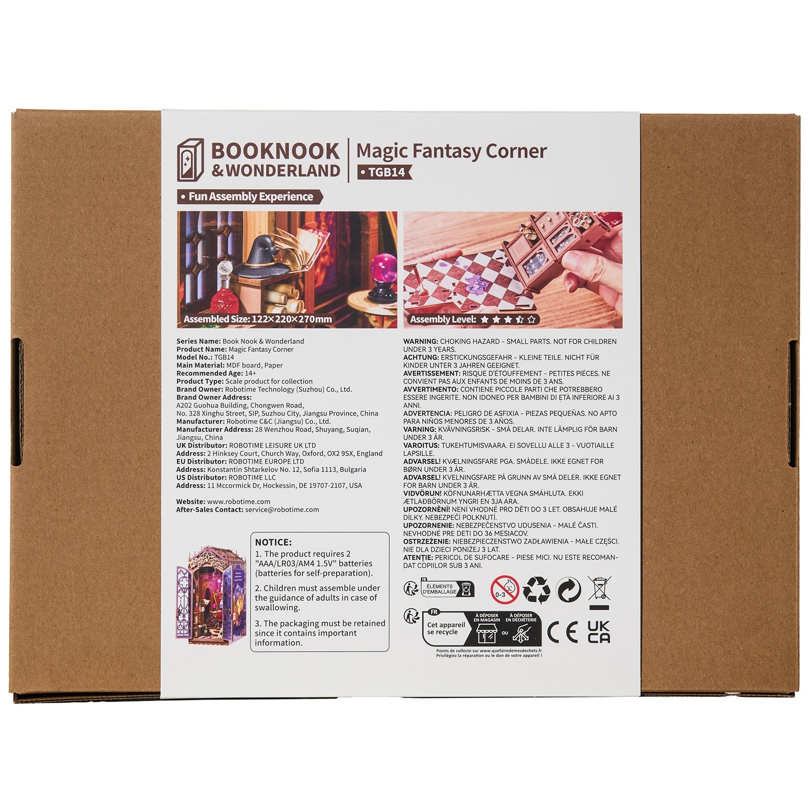 Rückseite der Verpackung der Robotime Magic Fantasy Corner, Book Nook Bausatz für ein kleines Wohnzimmer im Fantasy-Stil