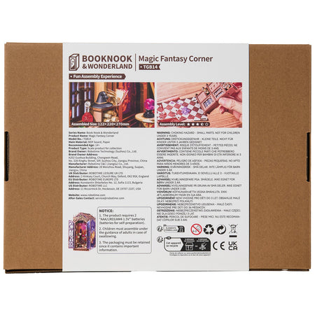 Rückseite der Verpackung der Robotime Magic Fantasy Corner, Book Nook Bausatz für ein kleines Wohnzimmer im Fantasy-Stil