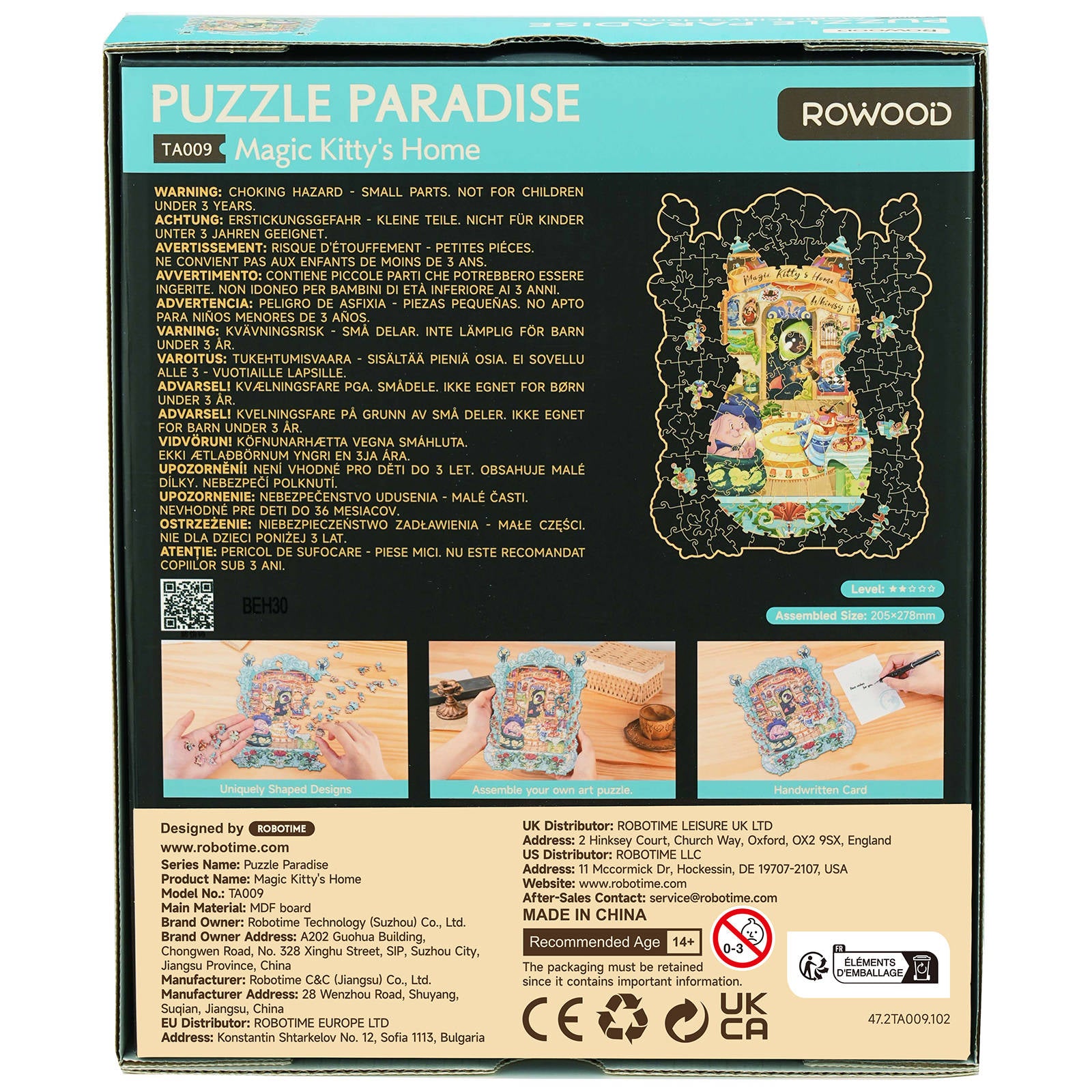 Rückseite der Verpackung der Robotime Magic Kitty’s Home, Puzzle mit 200 besonderen Teilen, das ein volles Zimmer mit vielen künstlerischen Details und einem hellblauen Rahmen zeigt
