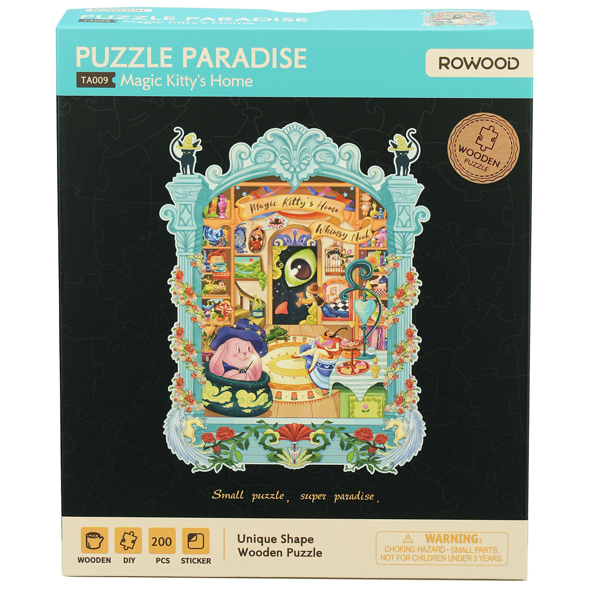 Vorderseite der Verpackung der Robotime Magic Kitty’s Home, Puzzle mit 200 besonderen Teilen, das ein volles Zimmer mit vielen künstlerischen Details und einem hellblauen Rahmen zeigt