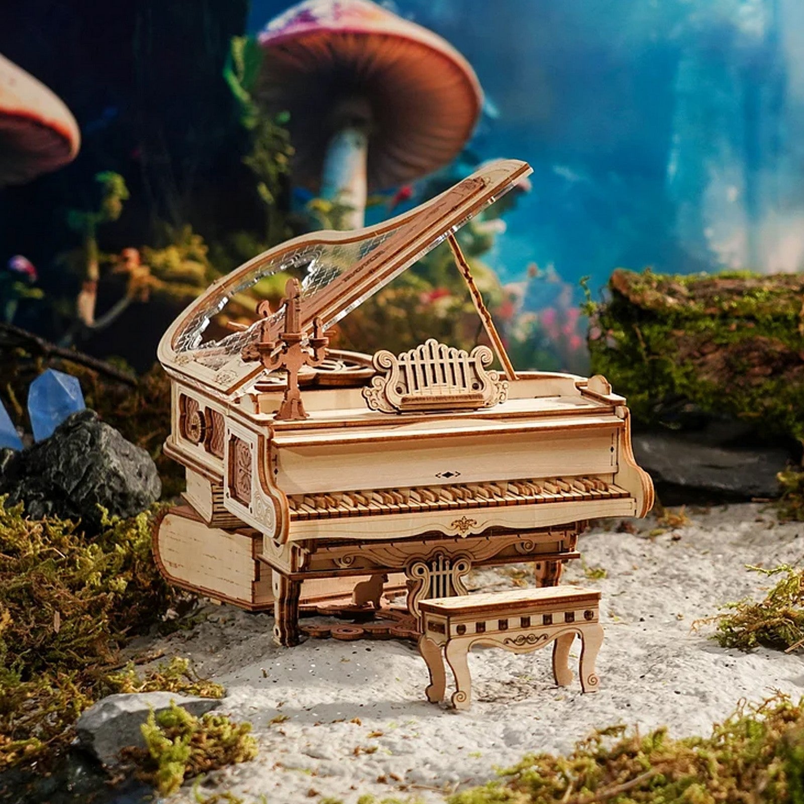Atmosphärische Präsentation der Robotime Magic Piano, Holzbausatz für eine Spieluhr in Form eines Klaviers