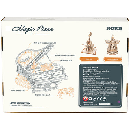 Rückseite der Verpackung der Robotime Magic Piano, Holzbausatz für eine Spieluhr in Form eines Klaviers