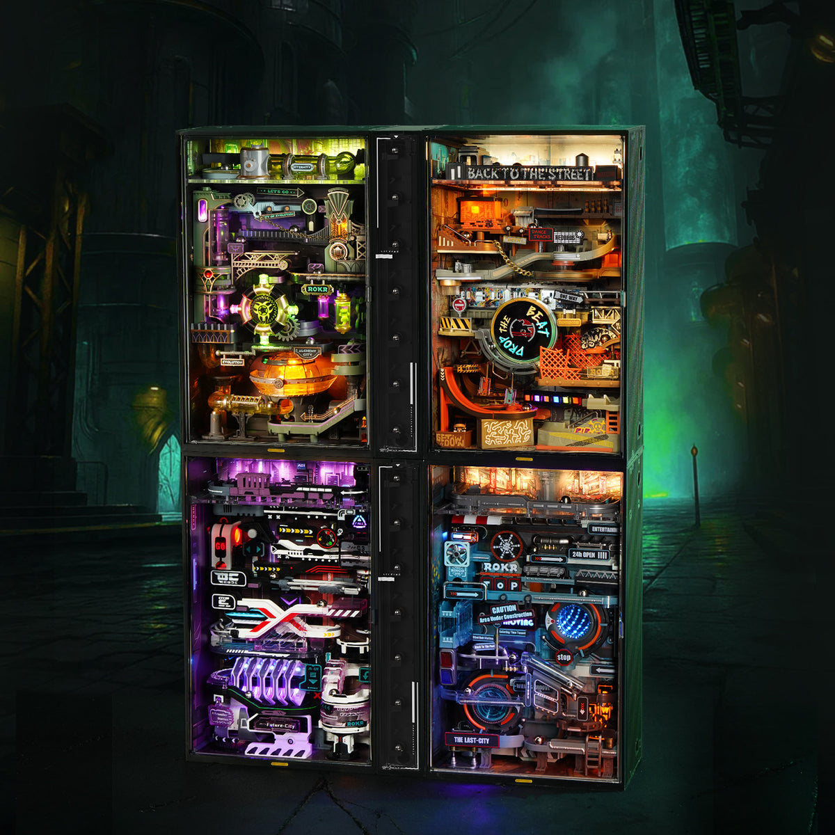 Die Robotime Alchemy City, Hip Hop Street, Future City und Last City Murmelbahnen miteinander verbunden