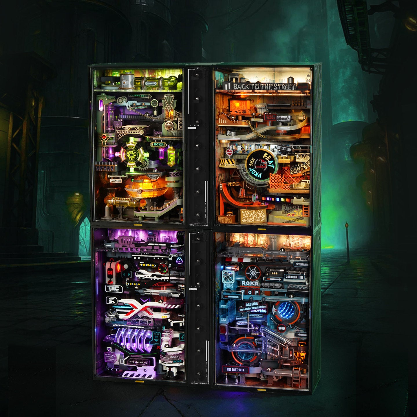 Die Robotime Alchemy City, Hip Hop Street, Future City und Last City Murmelbahnen miteinander verbunden