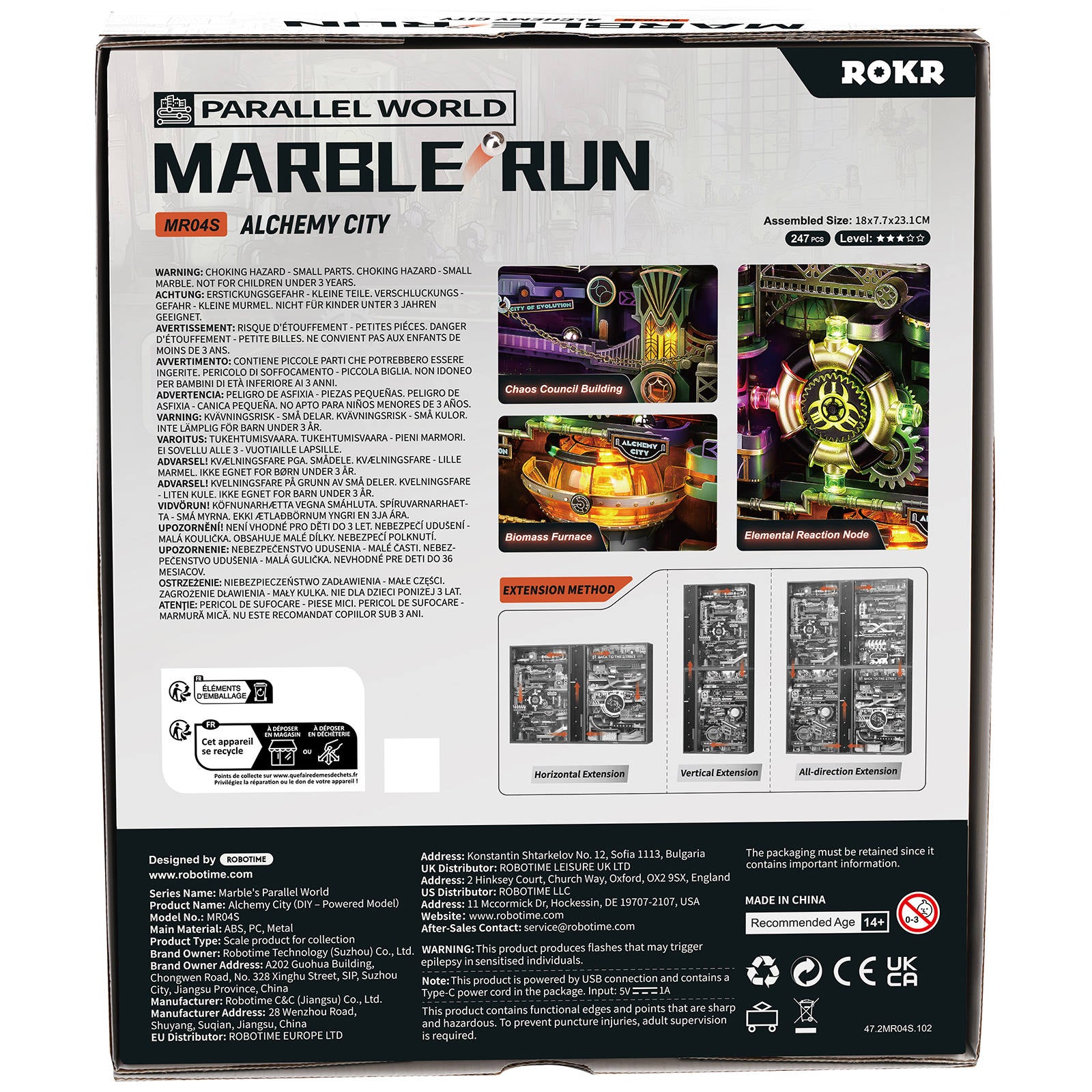 Rückseite der Verpackung der Robotime Marble Run Alchemy City, grüne und violette Kunststoff-Murmelbahn mit futuristischem Thema