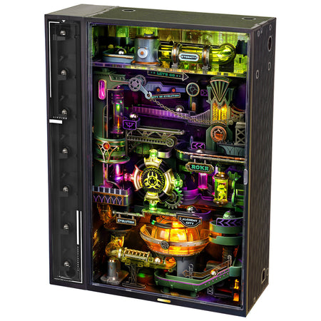 Produktfoto der Robotime Marble Run Alchemy City, grüne und violette Kunststoff-Murmelbahn mit futuristischem Thema