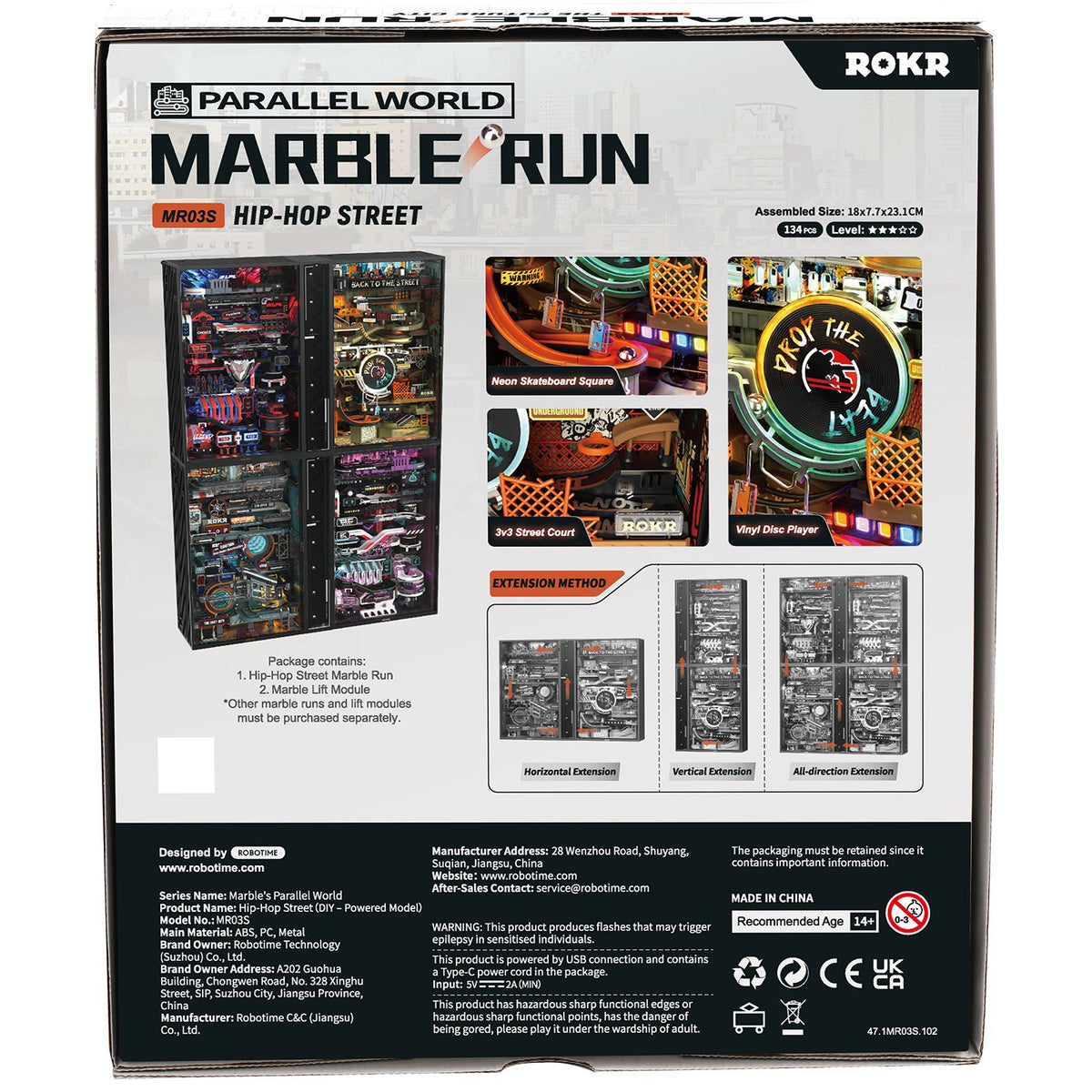 Rückseite der Verpackung der Robotime Marble Run Hip-Hop Street, Kunststoff Murmelbahn Bausatz mit urban Hip-Hop-Thema
