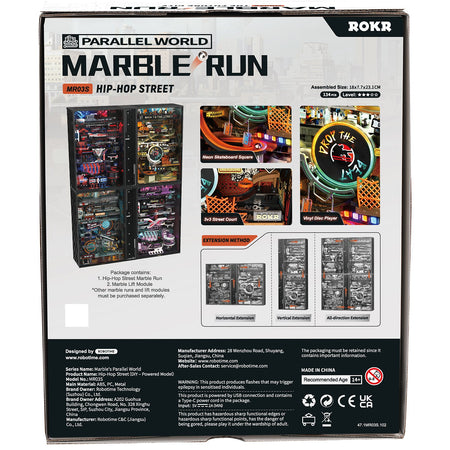 Rückseite der Verpackung der Robotime Marble Run Hip-Hop Street, Kunststoff Murmelbahn Bausatz mit urban Hip-Hop-Thema