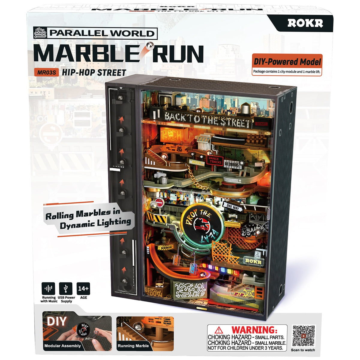 Vorderseite der Verpackung der Robotime Marble Run Hip-Hop Street, Kunststoff Murmelbahn Bausatz mit urban Hip-Hop-Thema