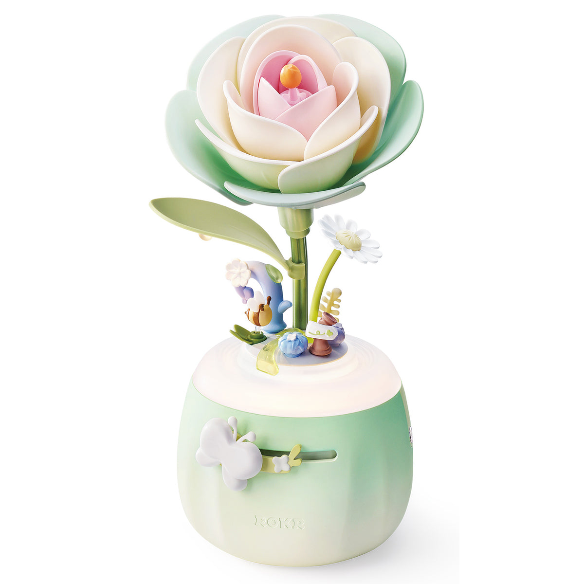 Produktfoto der Robotime Minty Camellia Lamp, Kunststoff-Bausatz für eine zartgrüne und zartrosa Nachtlampe in Form einer Kamelie
