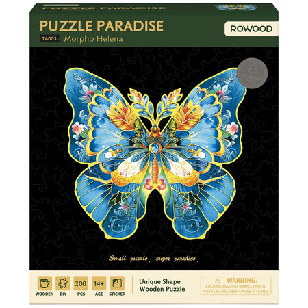 Vorderseite Verpackung von Robotime buntes Holzpuzzle blauer Schmetterling