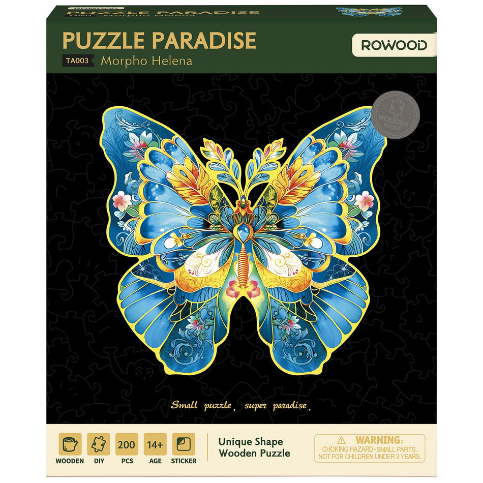 Vorderseite Verpackung von Robotime buntes Holzpuzzle blauer Schmetterling