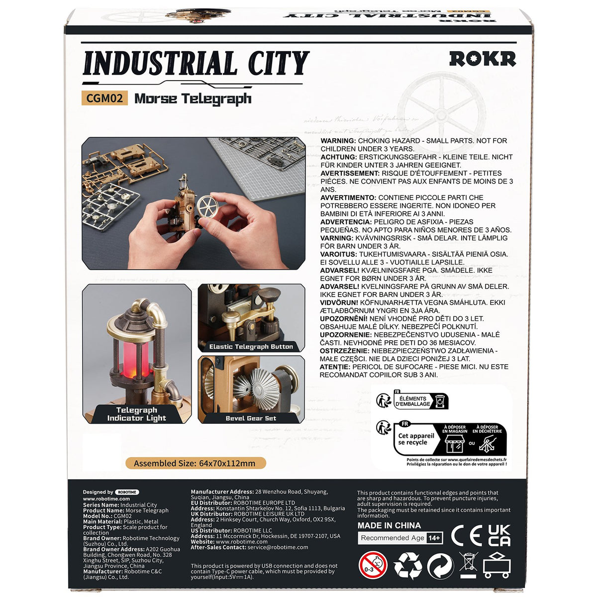 Rückseite der Verpackung der Robotime Morse Telegraph, Modellbausatz eines elektrischen Telegrafen