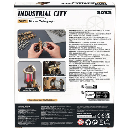 Rückseite der Verpackung der Robotime Morse Telegraph, Modellbausatz eines elektrischen Telegrafen