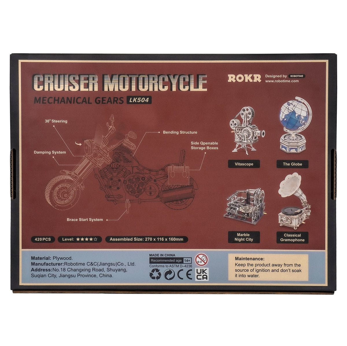 Rückseite der Verpackung der Robotime Motor, Holzmodellbau eines fahrenden Motorrads
