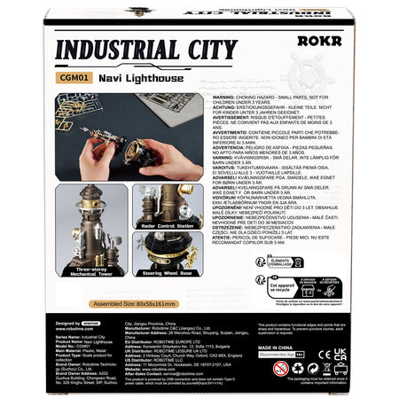 Rückseite der Verpackung der Robotime Navi Lighthouse, Modellbausatz eines Leuchtturms im Steampunk-Stil
