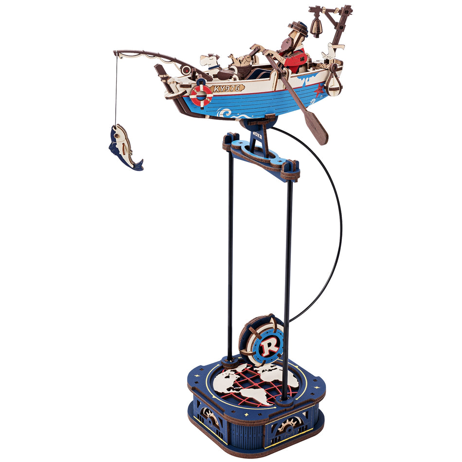 Produktfoto der Robotime Ocean Fisher, Modellbau eines schaukelnden Ruderbootes