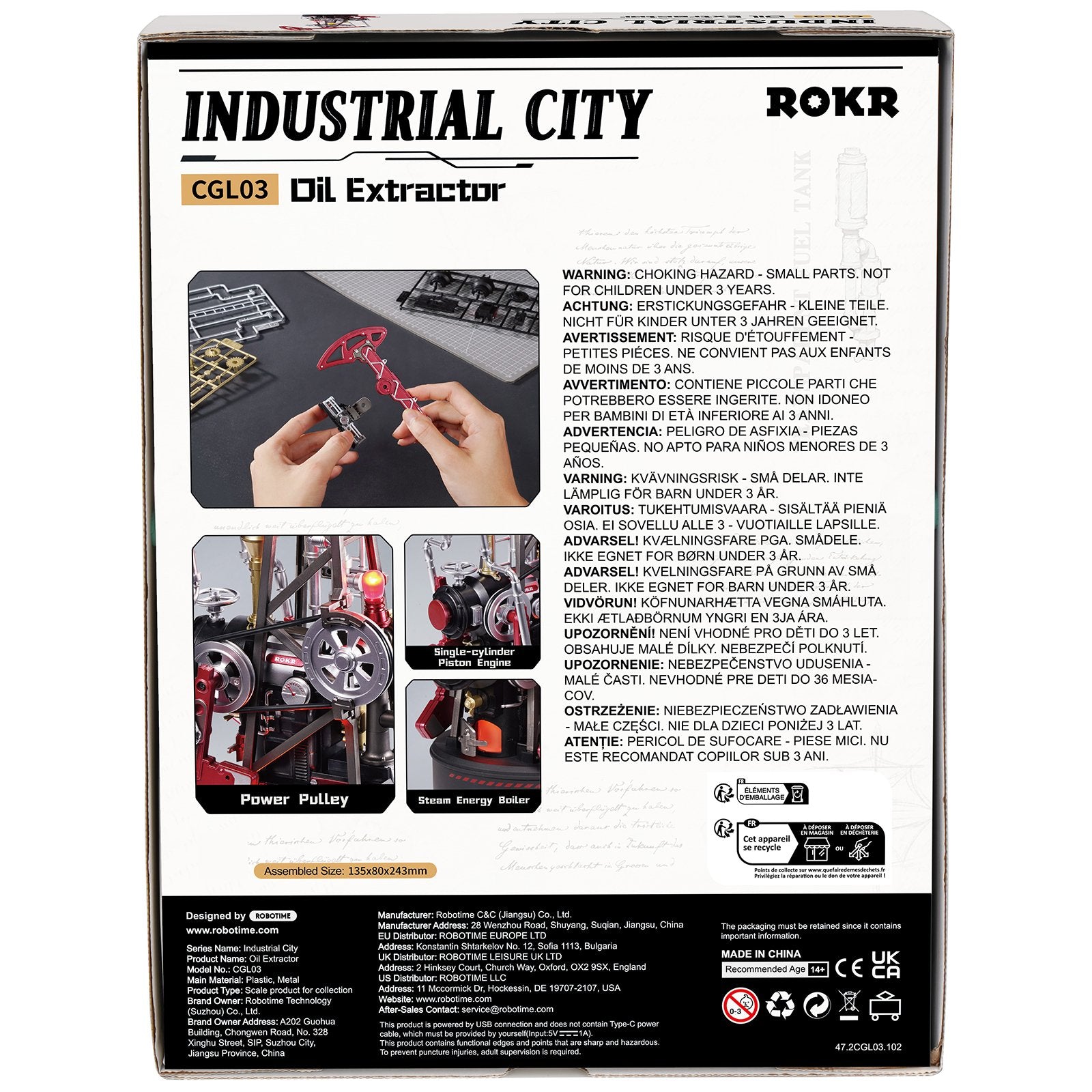 Rückseite der Verpackung der Robotime Oil Extractor, Modellbausatz einer industriellen Öl-Tiefpumpe