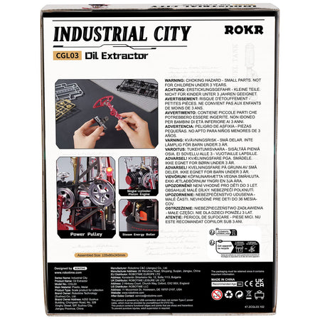 Rückseite der Verpackung der Robotime Oil Extractor, Modellbausatz einer industriellen Öl-Tiefpumpe