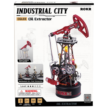 Vorderseite der Verpackung der Robotime Oil Extractor, Modellbausatz einer industriellen Öl-Tiefpumpe