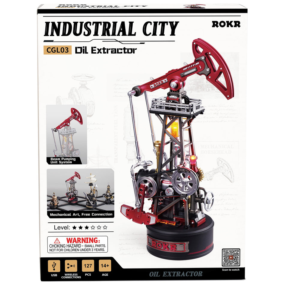 Vorderseite der Verpackung der Robotime Oil Extractor, Modellbausatz einer industriellen Öl-Tiefpumpe