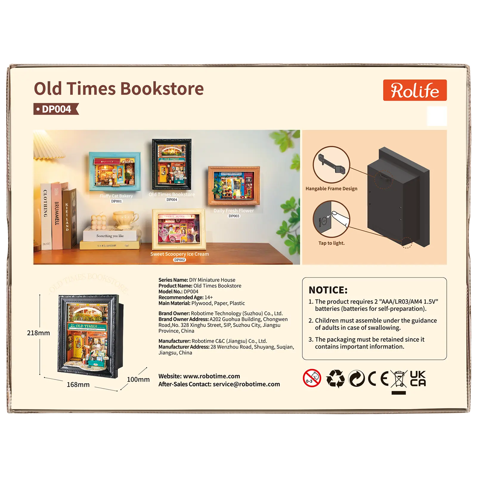 Rückseite der Verpackung der Robotime Old Time Bookstore, Diorama in einem Rahmen eines altmodischen Buchladens