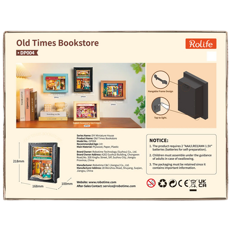 Rückseite der Verpackung der Robotime Old Time Bookstore, Diorama in einem Rahmen eines altmodischen Buchladens