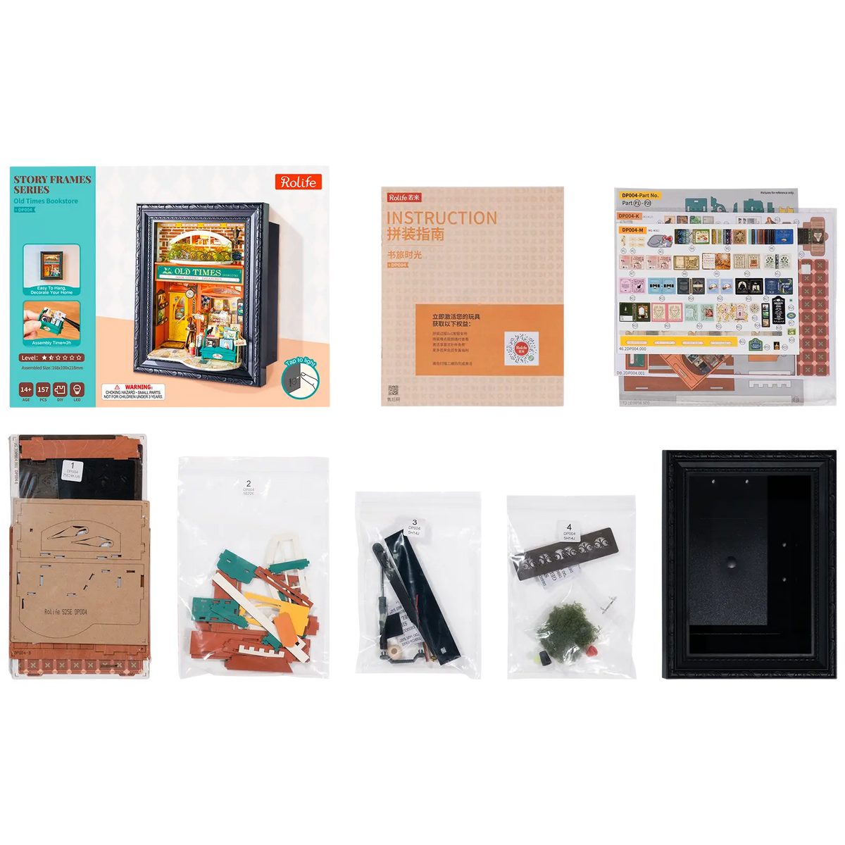 Packungsinhalt der Robotime Old Time Bookstore, Diorama in einem Rahmen eines altmodischen Buchladens