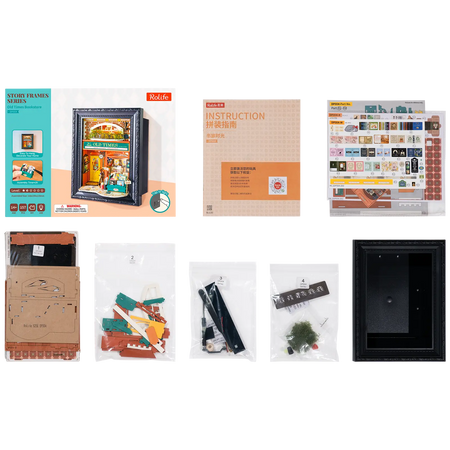 Packungsinhalt der Robotime Old Time Bookstore, Diorama in einem Rahmen eines altmodischen Buchladens