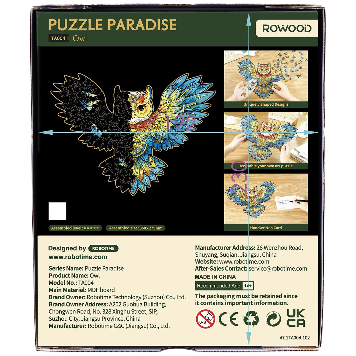 Rückseite Verpackung von Robotime buntes Holzpuzzle Eule