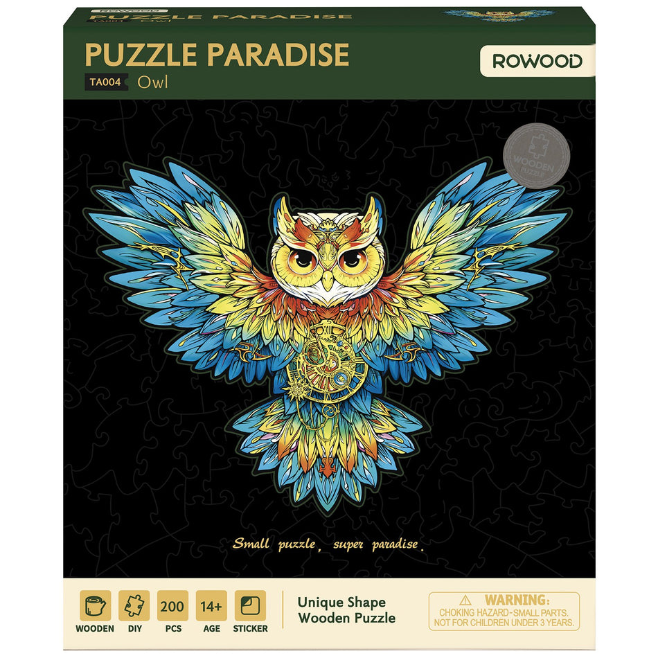 Vorderseite Verpackung von Robotime buntes Holzpuzzle Eule