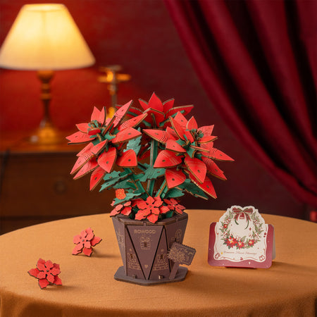Atmosphärische Präsentation der Robotime Poinsettia, Holzbausatz einer Weihnachtsblume