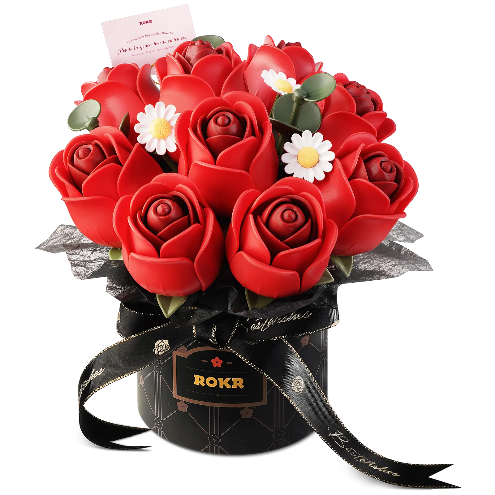 Produktfoto der Robotime Red Rose Bouquet, Kunststoff-Bausatz für einen Strauß roter Rosen und weißer Gänseblümchen in einer schwarzen Vase mit schwarzem Band darum