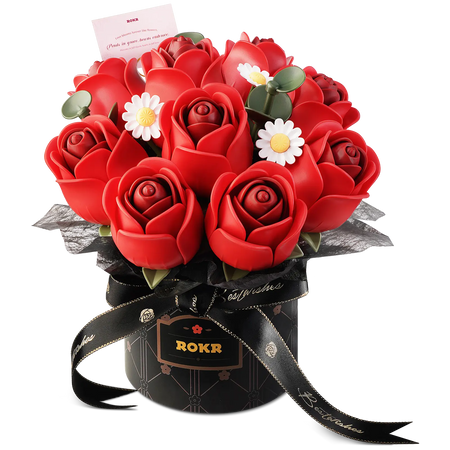 Produktfoto der Robotime Red Rose Bouquet, Kunststoff-Bausatz für einen Strauß roter Rosen und weißer Gänseblümchen in einer schwarzen Vase mit schwarzem Band darum