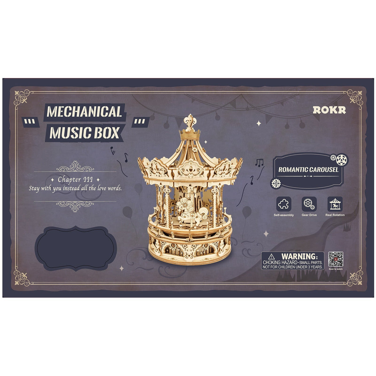 Vorderseite der Verpackung der Robotime Romantic Carousel, Holzbausatz einer rotierenden Spieluhr in Form eines altmodischen Karussells