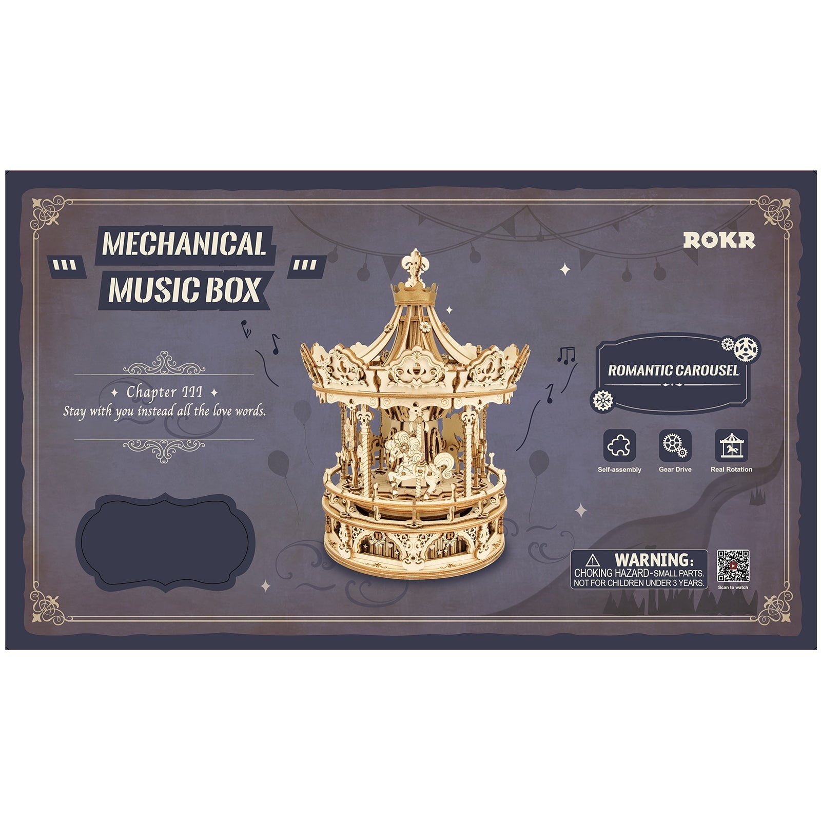 Vorderseite der Verpackung der Robotime Romantic Carousel, Holzbausatz einer rotierenden Spieluhr in Form eines altmodischen Karussells