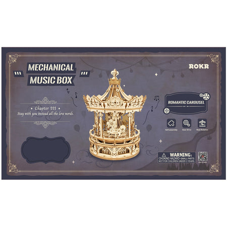 Vorderseite der Verpackung der Robotime Romantic Carousel, Holzbausatz einer rotierenden Spieluhr in Form eines altmodischen Karussells