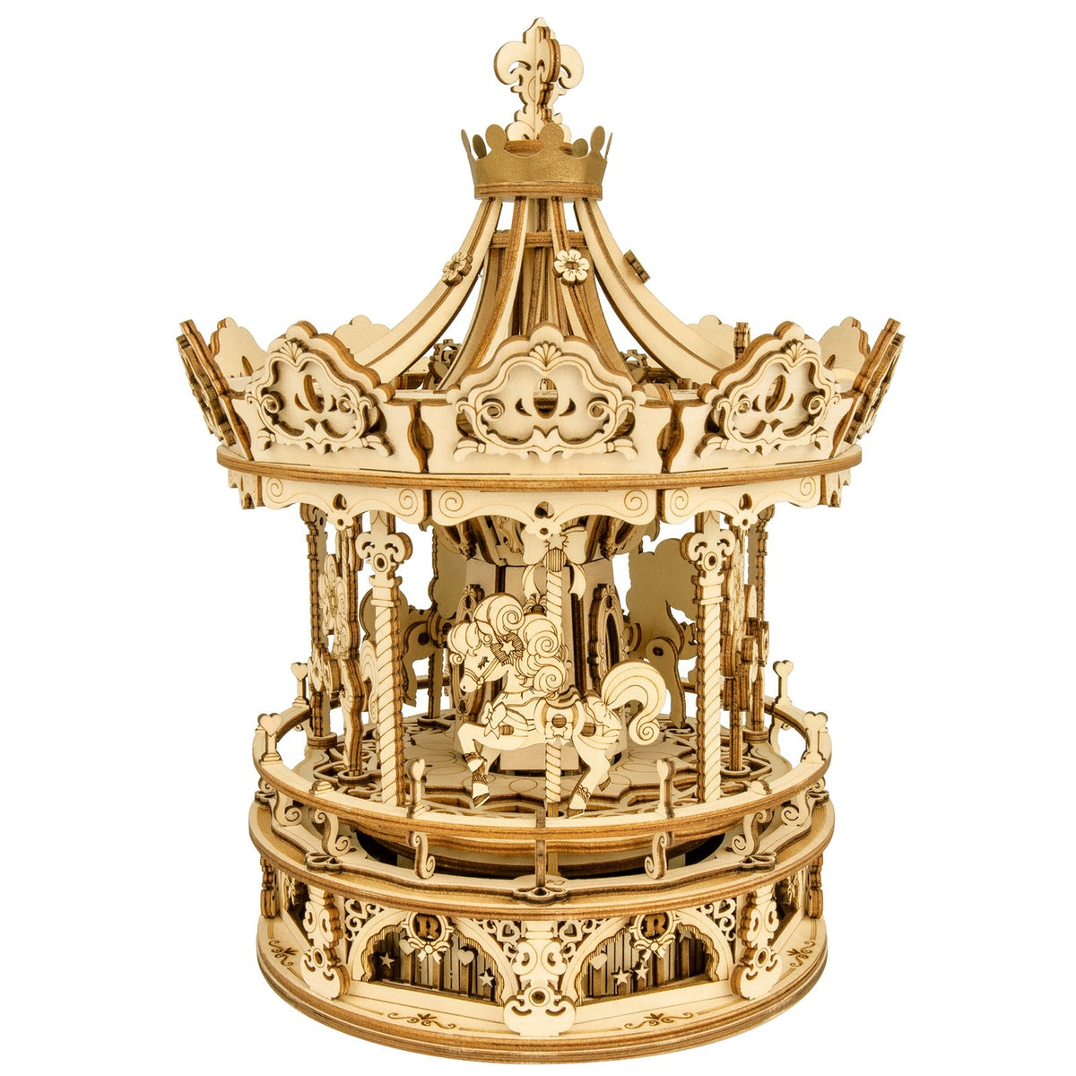 Produktfoto der Robotime Romantic Carousel, Holzbausatz einer rotierenden Spieluhr in Form eines altmodischen Karussells