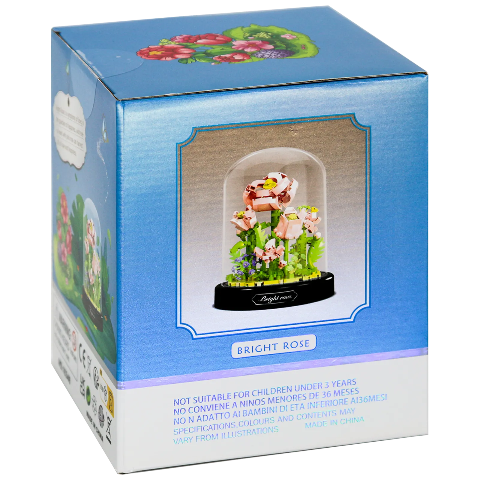 Seite der Verpackung der Balody Miniblocks rosa Rosen in Glocke