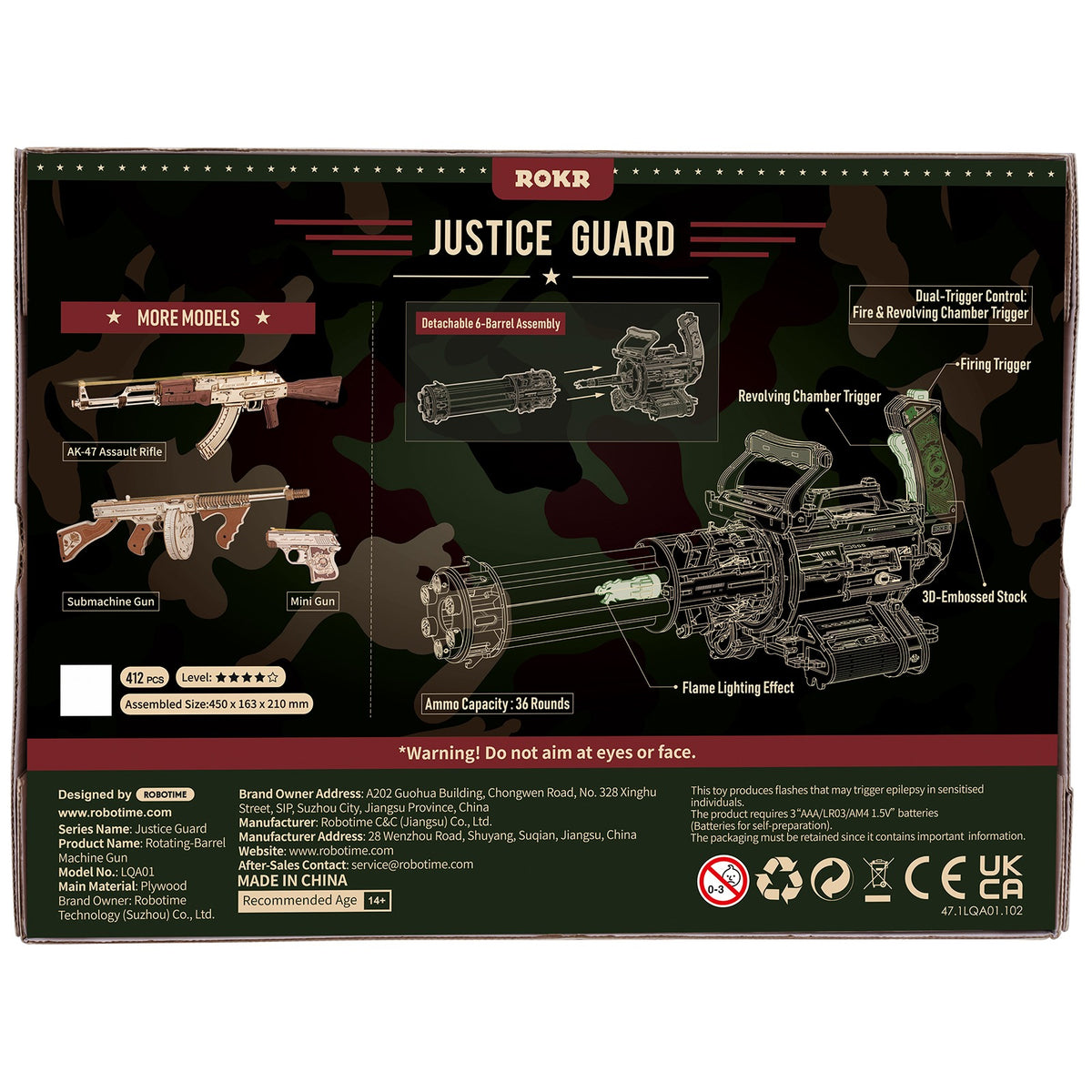 Rückseite der Verpackung der Robotime Rotating-Barrel Machine Gun, Holzbausatz einer Minigun, die Gummibänder verschießt
