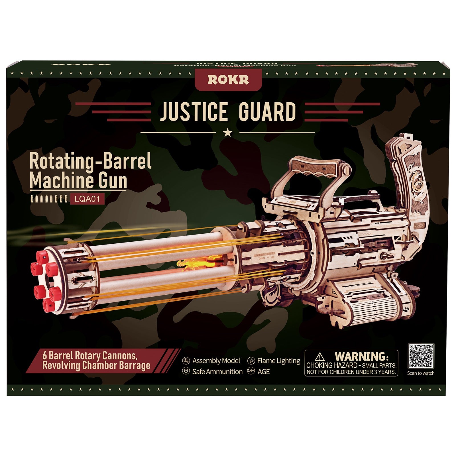 Vorderseite der Verpackung der Robotime Rotating-Barrel Machine Gun, Holzbausatz einer Minigun, die Gummibänder verschießt