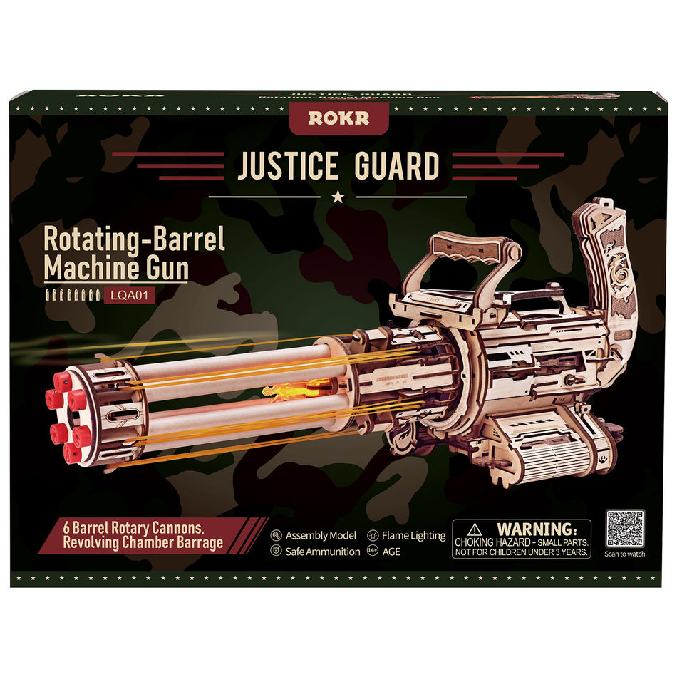 Vorderseite der Verpackung der Robotime Rotating-Barrel Machine Gun, Holzbausatz einer Minigun, die Gummibänder verschießt