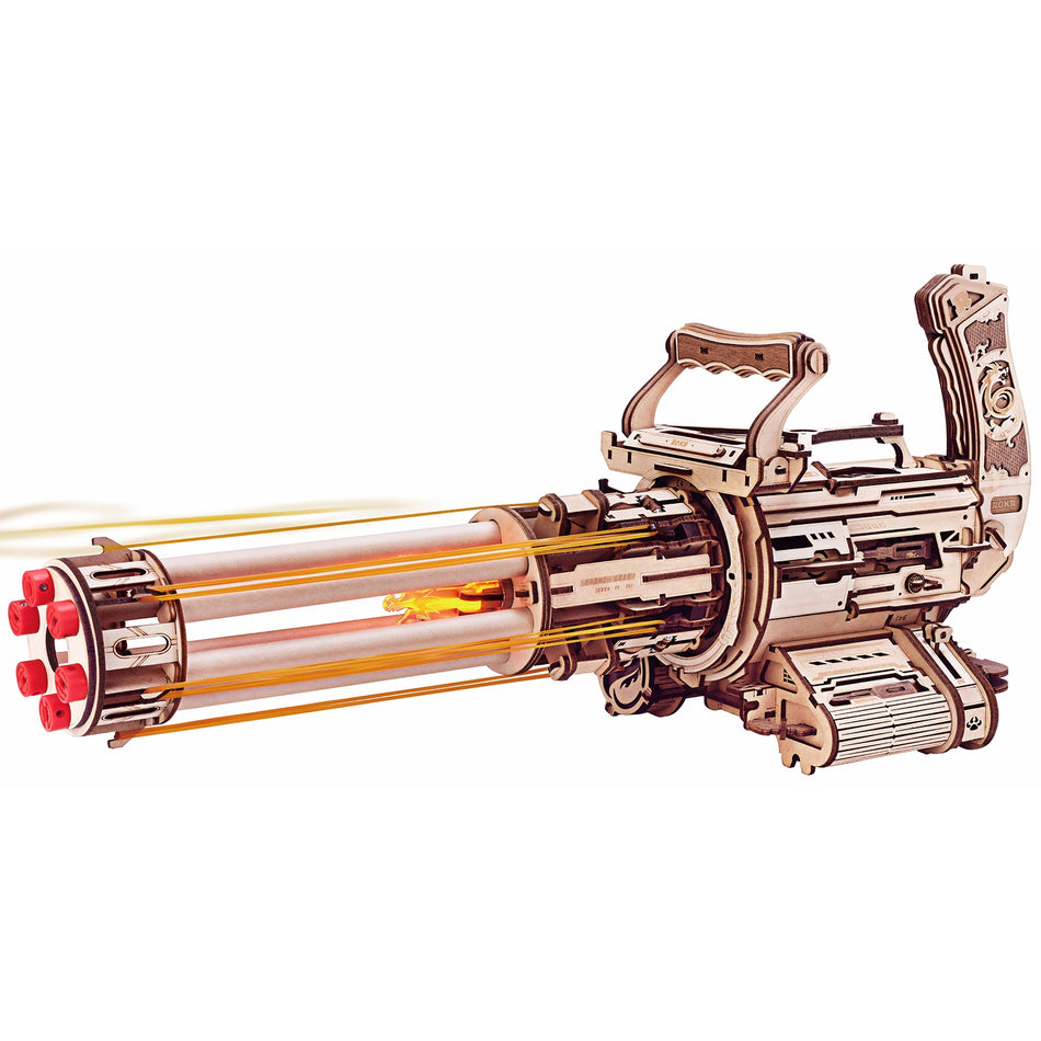 Produktfoto der Robotime Rotating-Barrel Machine Gun, Holzbausatz einer Minigun, die Gummibänder verschießt