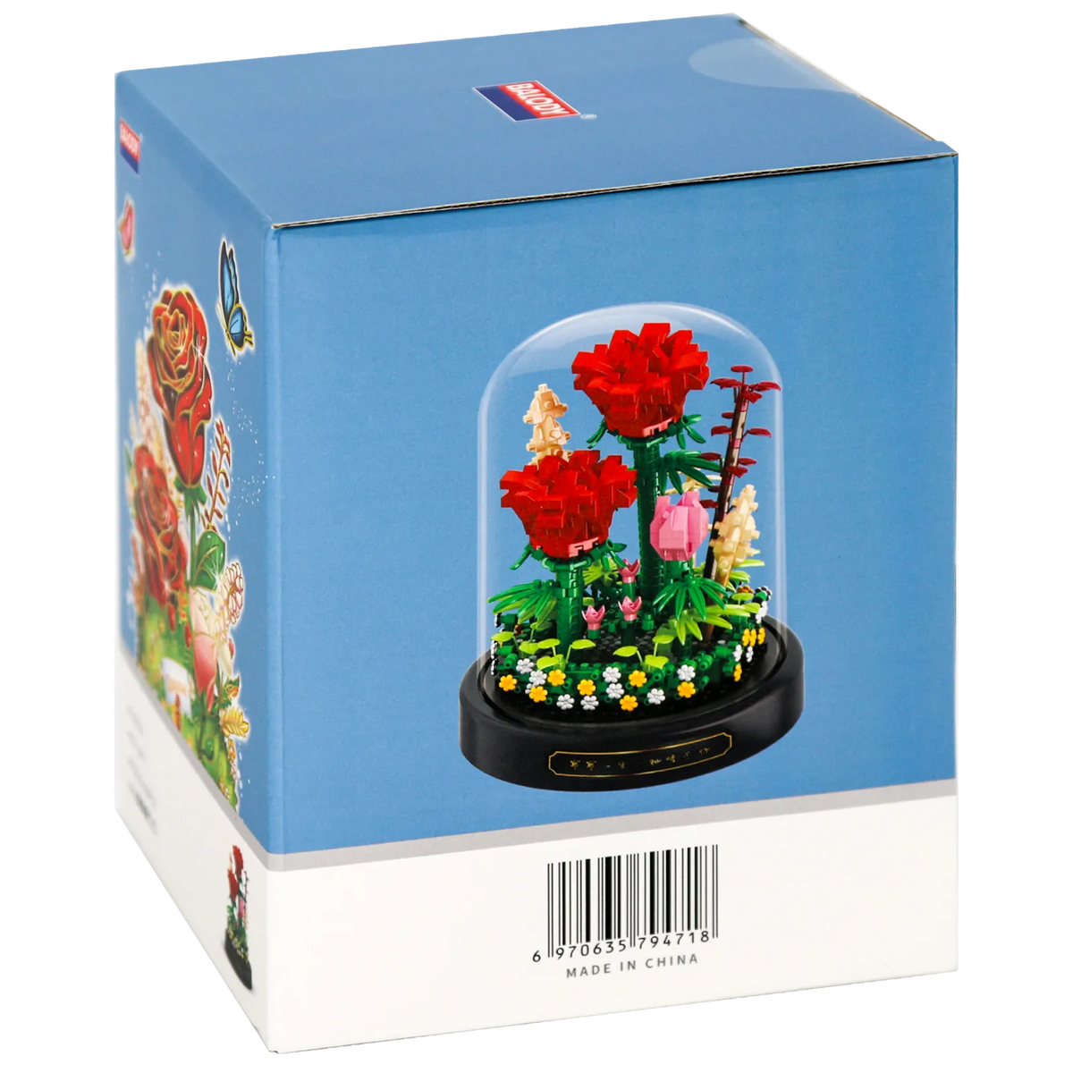 Seite der Verpackung der Balody Miniblocks rote Rosen in Glocke