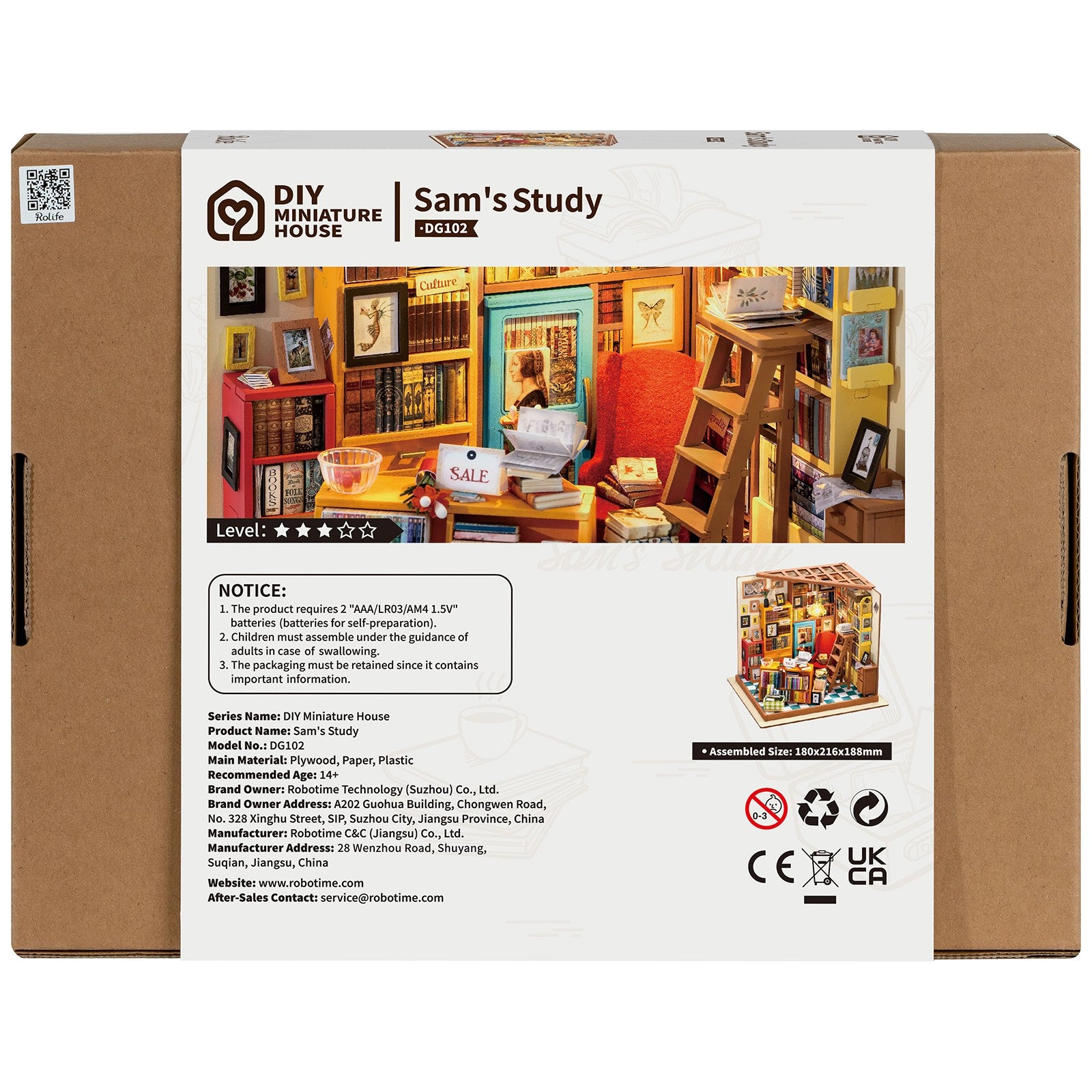 Rückseite der Verpackung der Robotime Sam’s Study, DIY-Miniaturhaus eines gemütlichen Buchladens