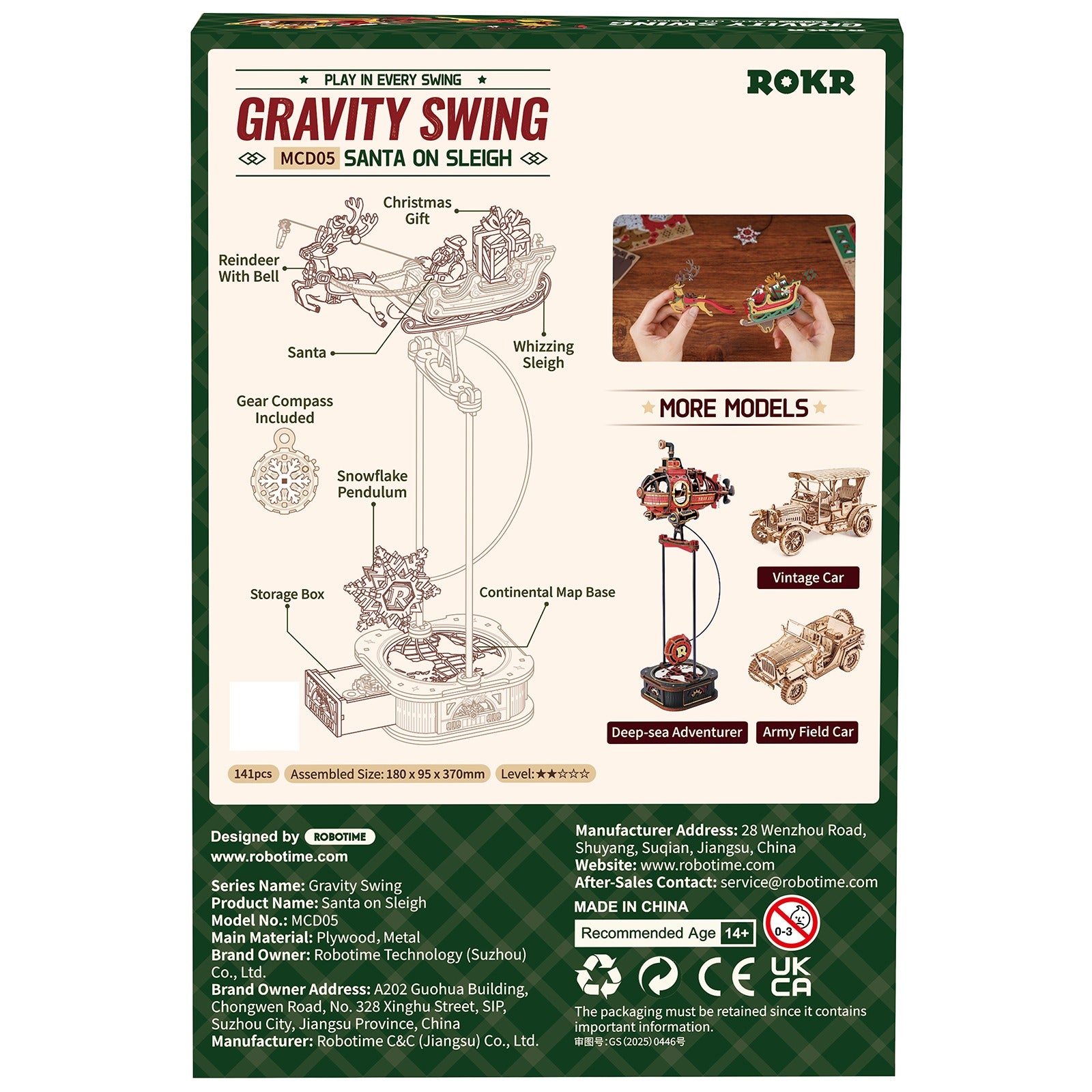 Rückseite der Verpackung der Robotime Santa on Sleigh, Holzmodellbau eines schaukelnden Rentierschlittens