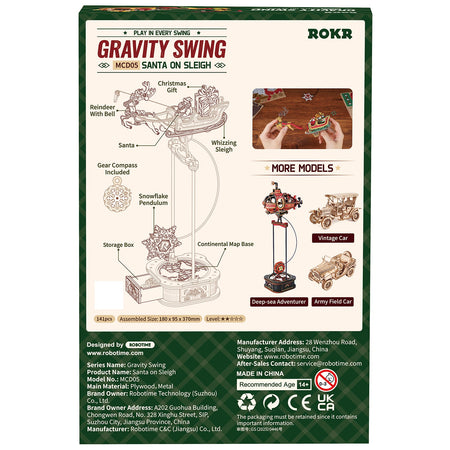 Rückseite der Verpackung der Robotime Santa on Sleigh, Holzmodellbau eines schaukelnden Rentierschlittens