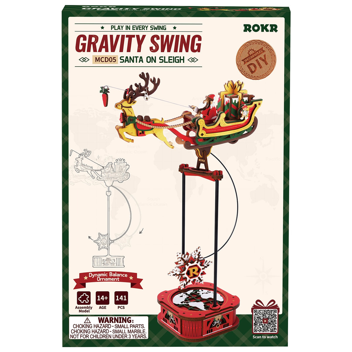 Vorderseite der Verpackung der Robotime Santa on Sleigh, Holzmodellbau eines schaukelnden Rentierschlittens