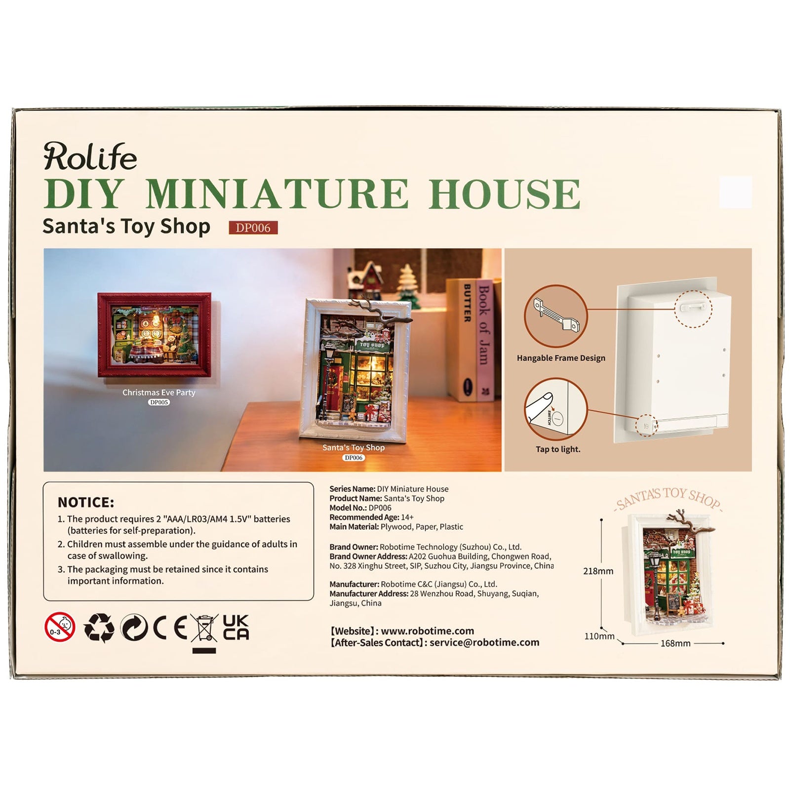 Rückseite der Verpackung der Robotime Santa’s Toy Shop, Diorama eines weihnachtlich dekorierten Ladens mit Lichtern